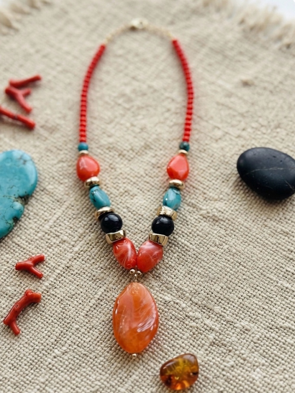 Handcrafted Red and Turquoise Beaded Statement Necklace